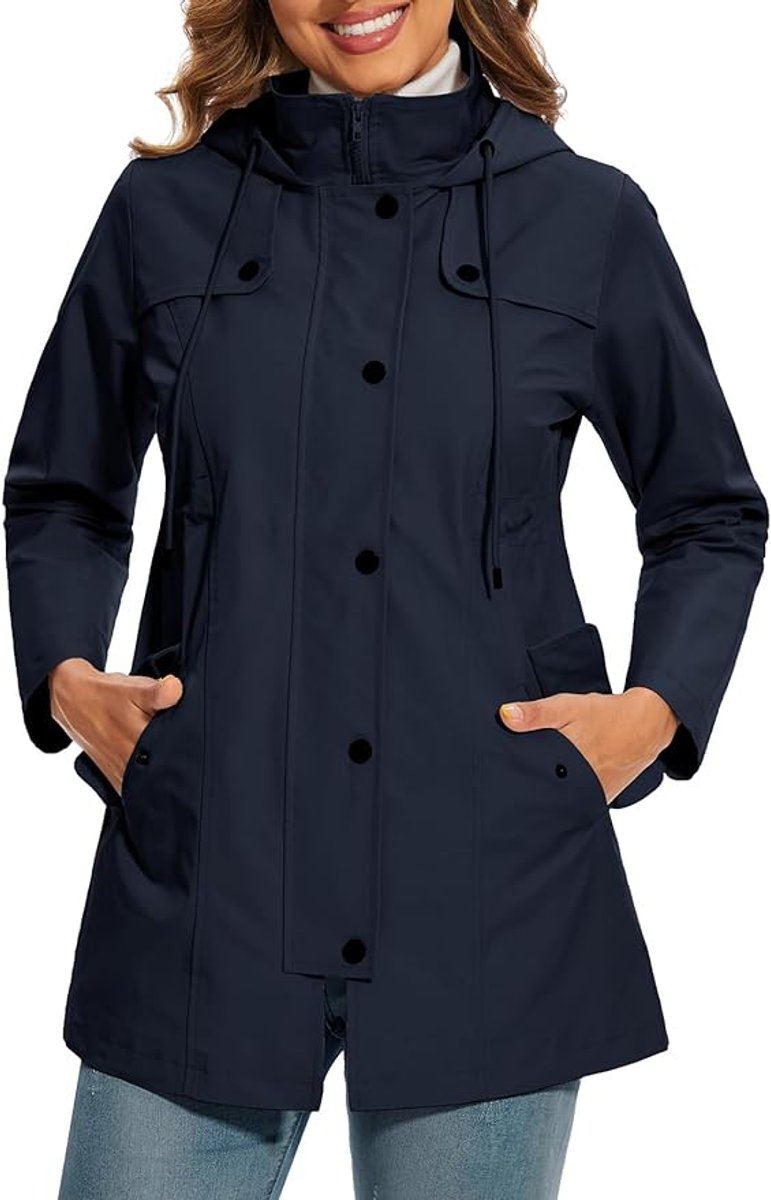 Elisabeth waterproof rain coat front design and adjustable waist