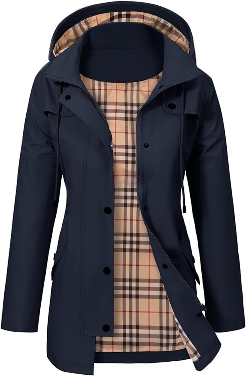 Damen Women Coat Wasserdichter Kapuzen-Regenmantel Kariertes Fleecefutter - Blau