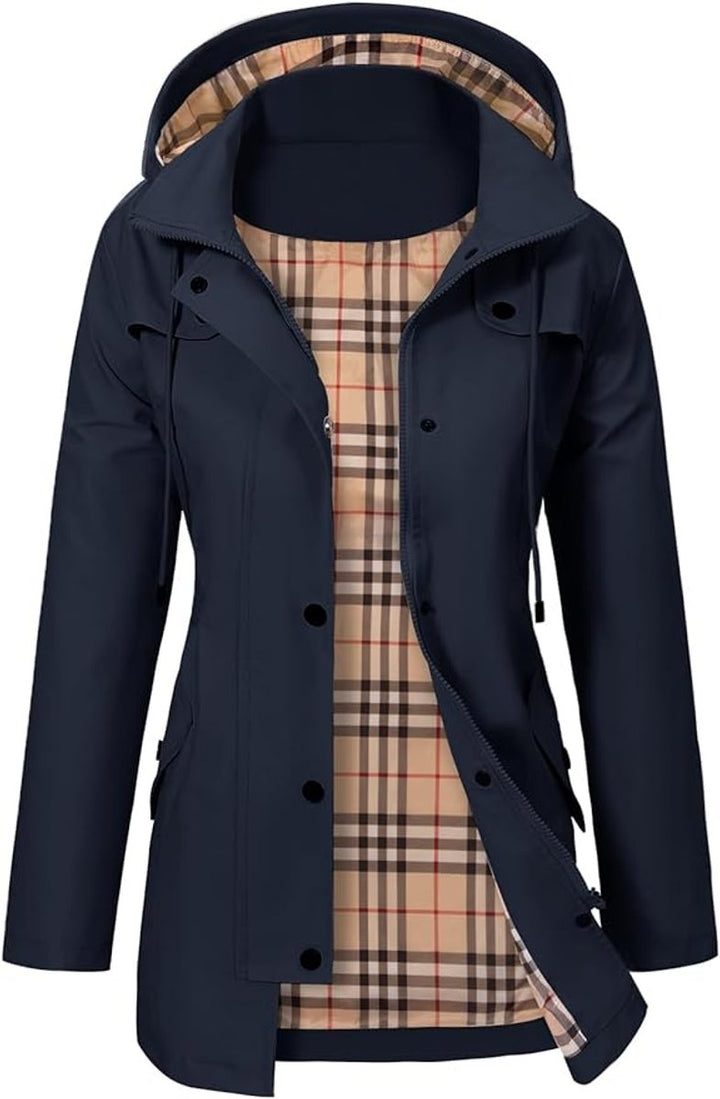 Damen Women Coat Wasserdichter Kapuzen-Regenmantel Kariertes Fleecefutter - Blau