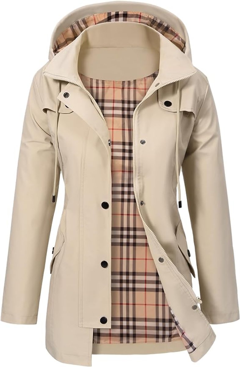 Damen Women Coat Wasserdichter Kapuzen-Regenmantel Kariertes Fleecefutter - Beige