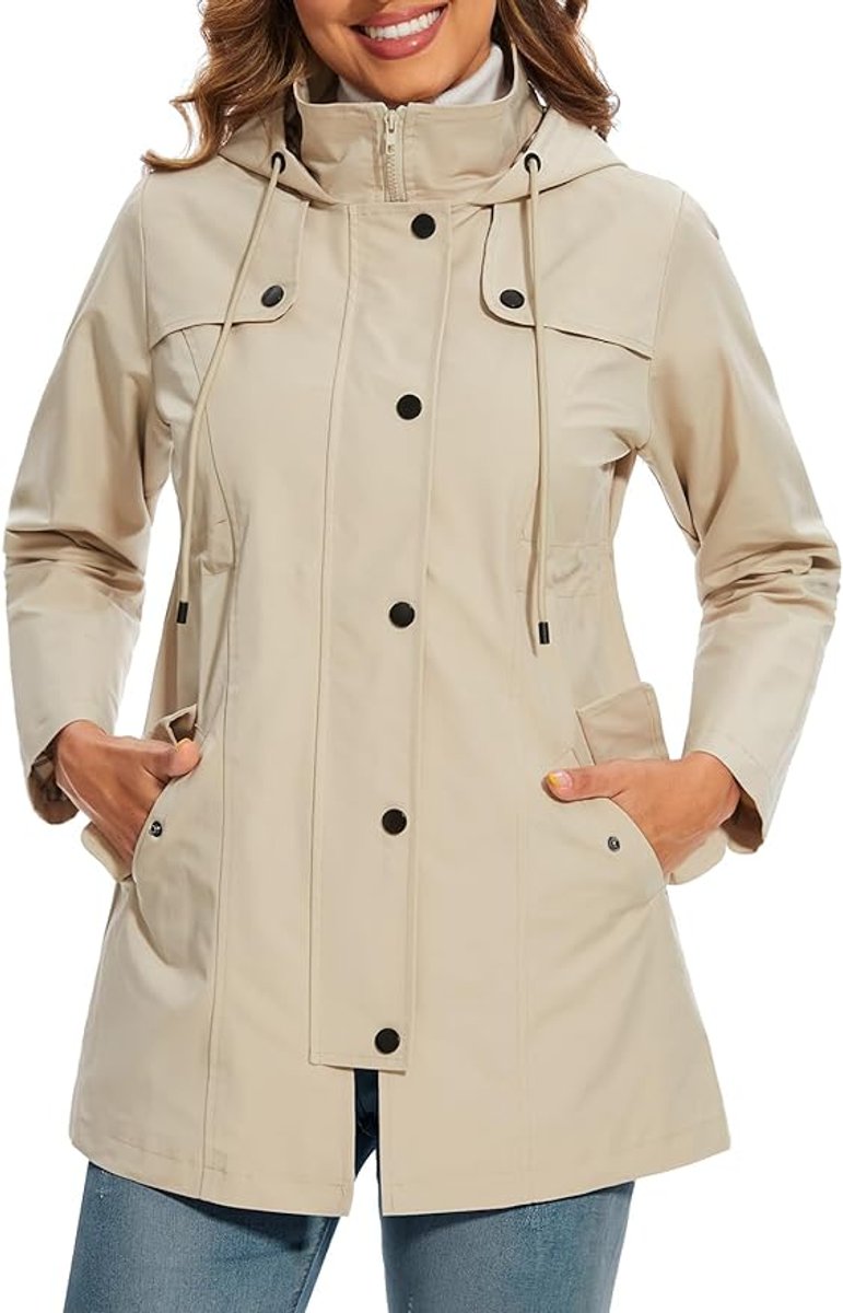 Damen Women Coat Wasserdichter Kapuzen-Regenmantel Kariertes Fleecefutter