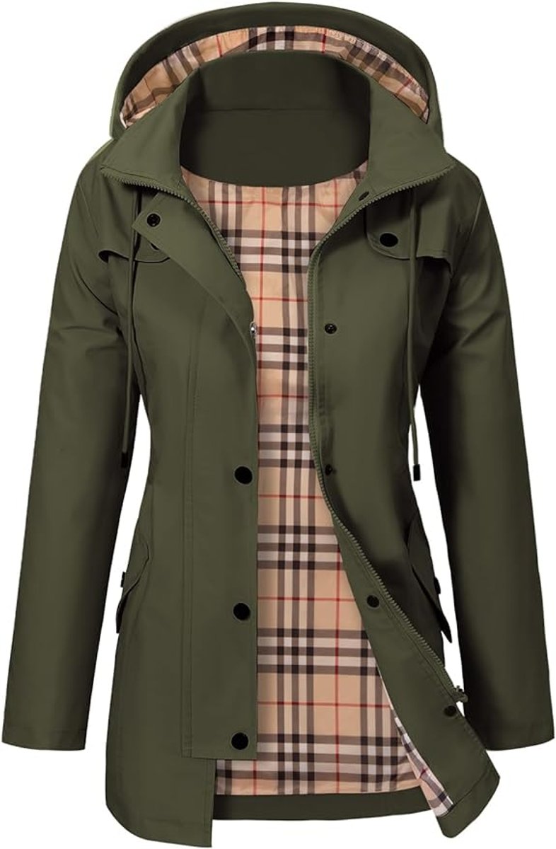 Damen Women Coat Wasserdichter Kapuzen-Regenmantel Kariertes Fleecefutter - Grün