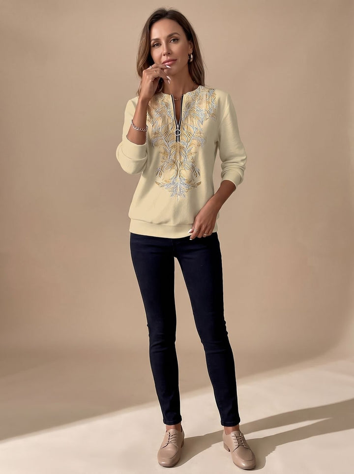 Damen Zip-Slim-Fit-Pullover mit Blumenmuster und Reißverschluss - Gelb