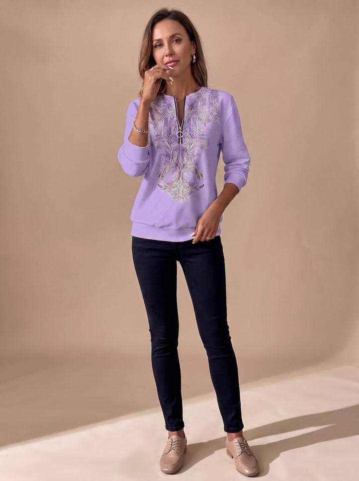 Damen Zip-Slim-Fit-Pullover mit Blumenmuster und Reißverschluss - Lila