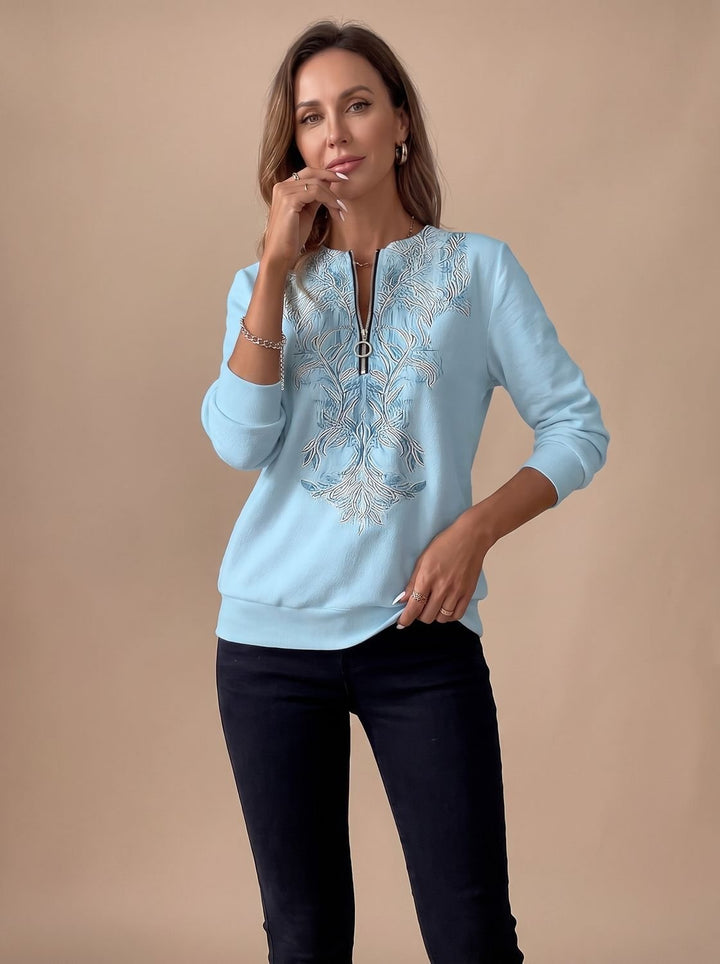 Damen Zip-Slim-Fit-Pullover mit Blumenmuster und Reißverschluss - Blau
