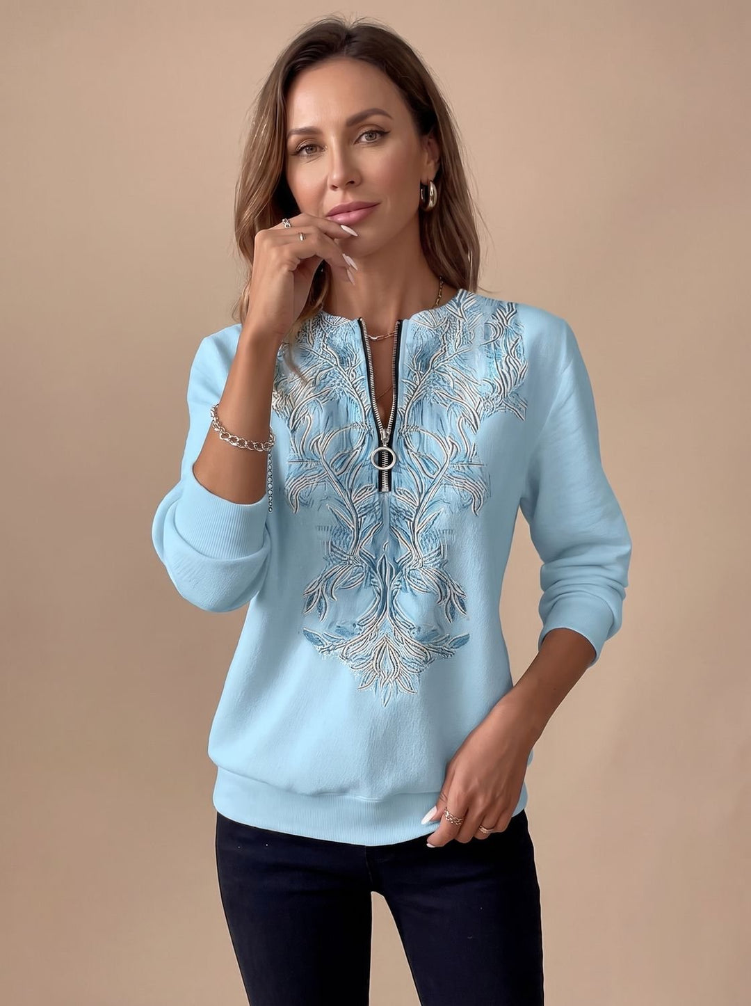 Damen Zip-Slim-Fit-Pullover mit Blumenmuster und Reißverschluss