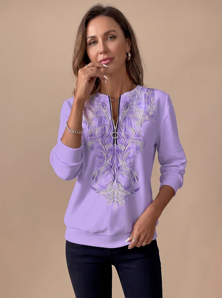 Damen Zip-Slim-Fit-Pullover mit Blumenmuster und Reißverschluss