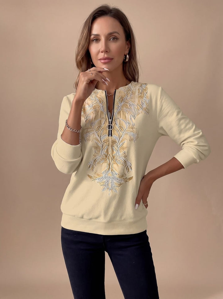 Damen Zip-Slim-Fit-Pullover mit Blumenmuster und Reißverschluss