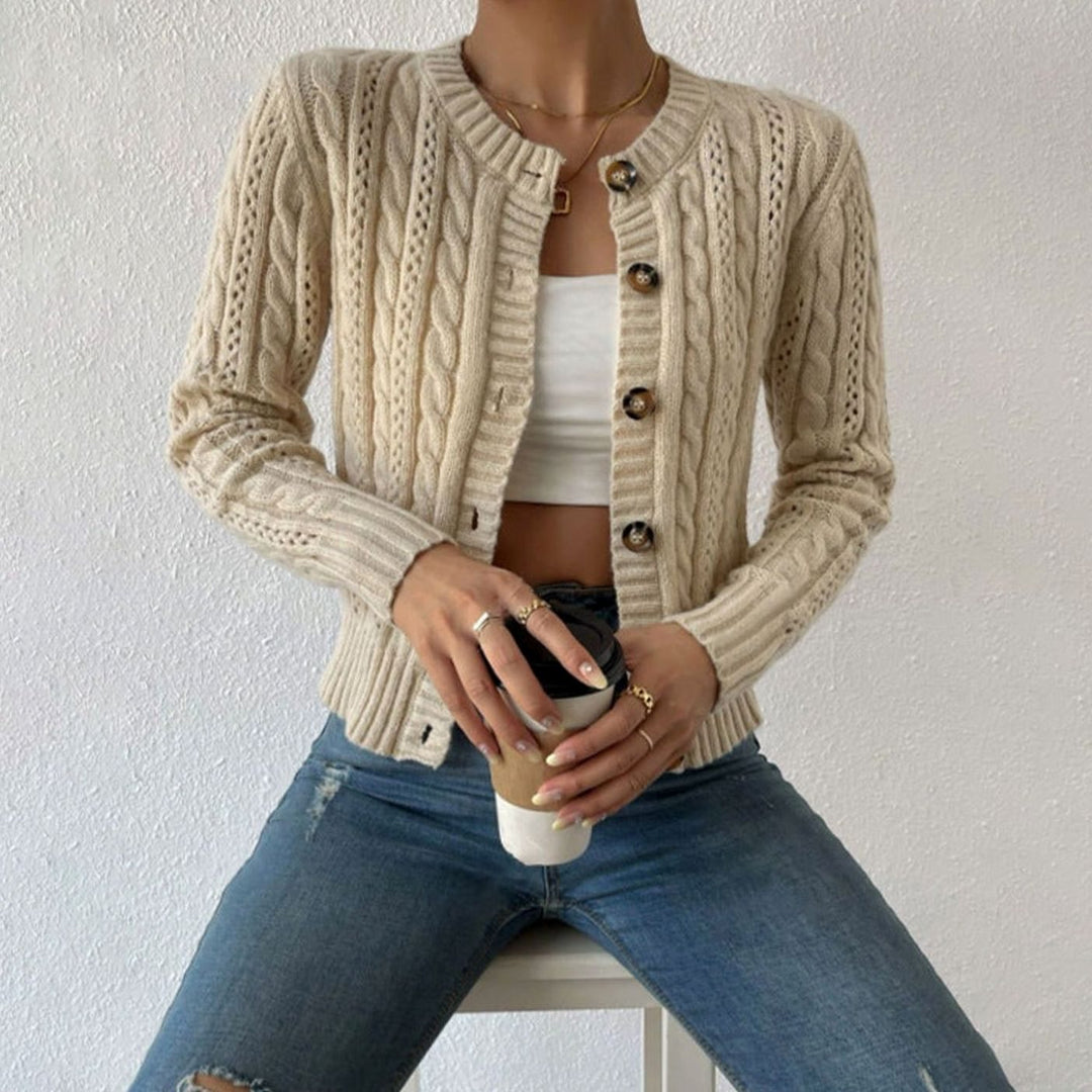 Damen Zopfmuster Cardigan mit Knopfleiste Rundhals Strickjacke - Aprikose