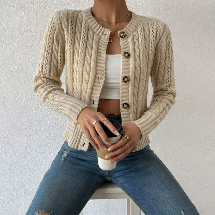 Damen Zopfmuster Cardigan mit Knopfleiste Rundhals Strickjacke - Aprikose