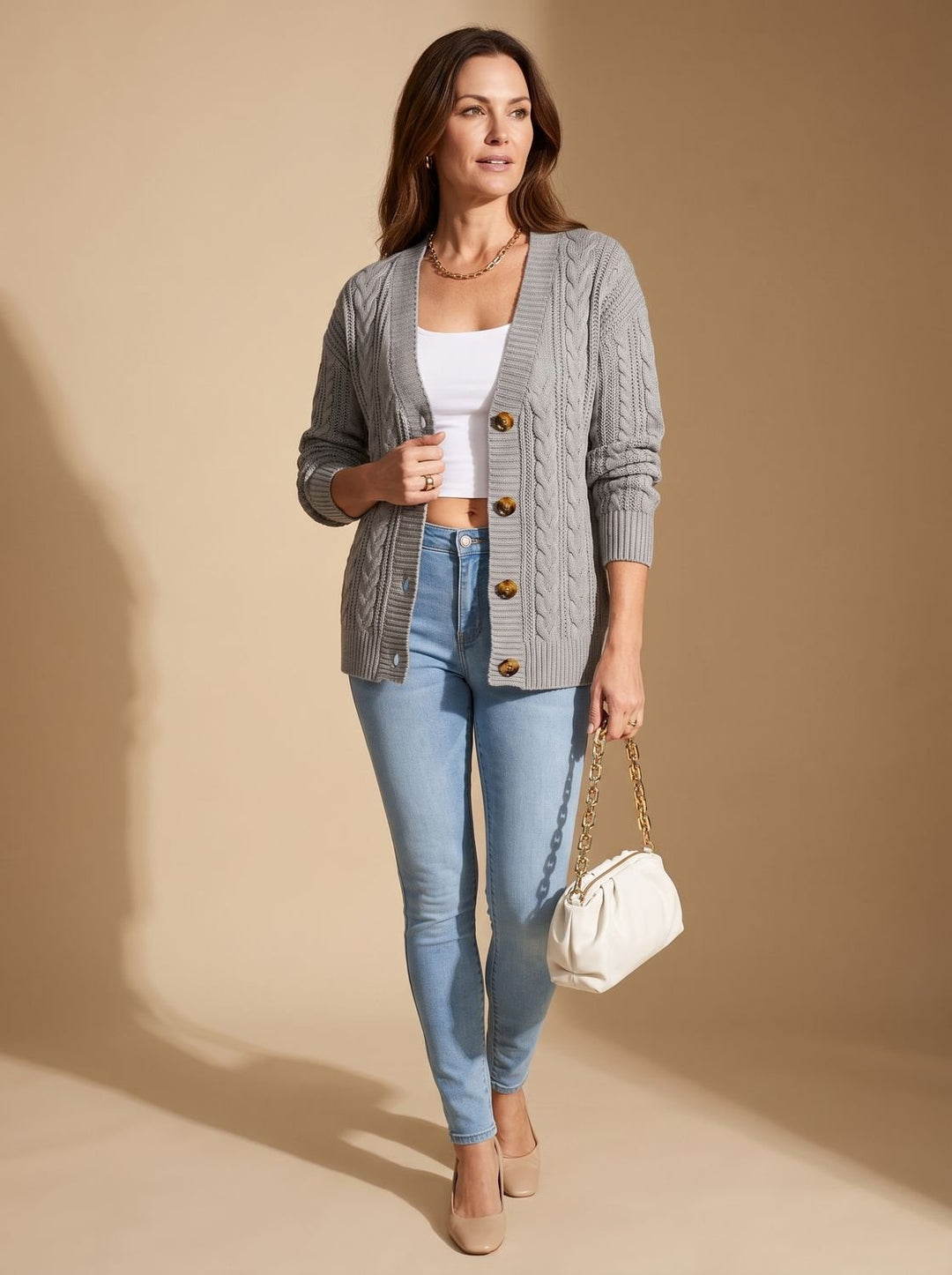 Damen Zopfmuster Cardigan mit Knopfleiste Rundhals Strickjacke - Grau