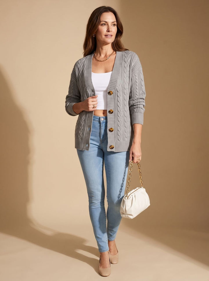Damen Zopfmuster Cardigan mit Knopfleiste Rundhals Strickjacke - Grau