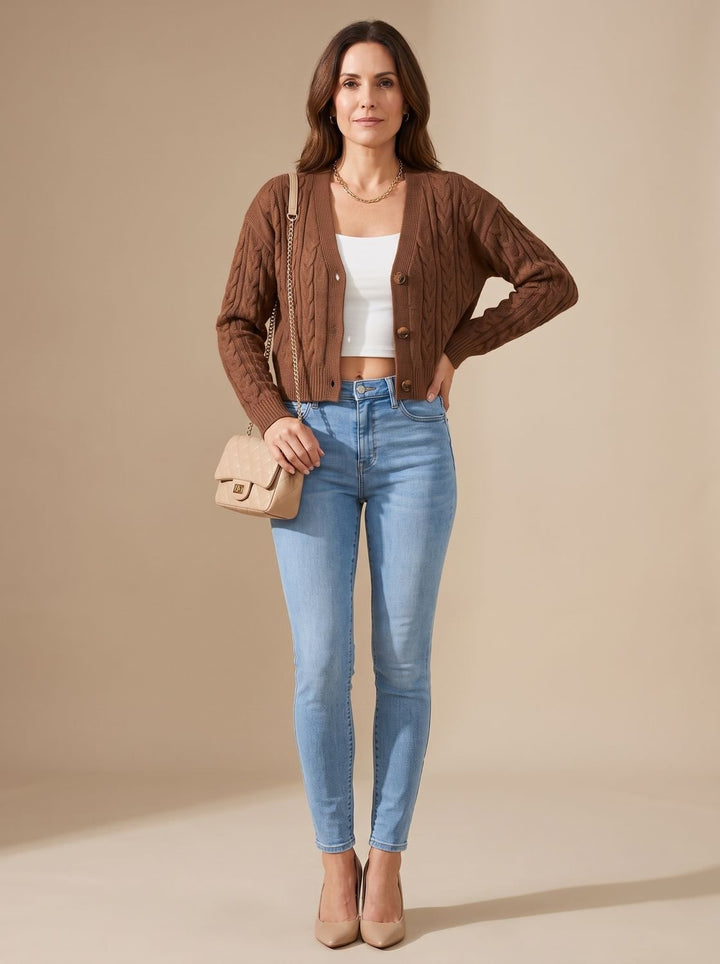 Damen Zopfmuster Cardigan mit Knopfleiste Rundhals Strickjacke - Braun
