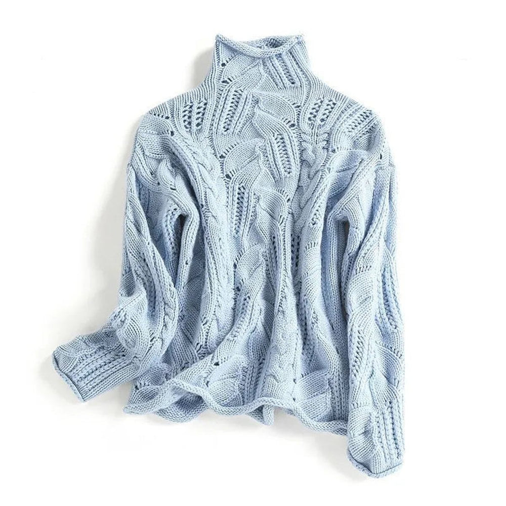 Damen Zopfmuster Knit Sweater Rollkragen Lockere Passform - Blau