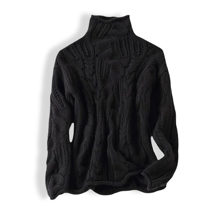 Damen Zopfmuster Knit Sweater Rollkragen Lockere Passform - Schwarz