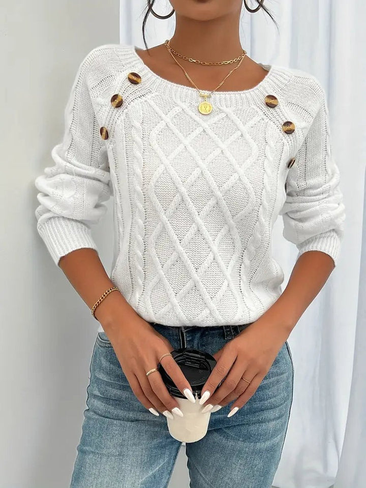 Damen Zopfmuster Knit Sweater Rundhals Raglanärmel mit Knöpfen - Weiß