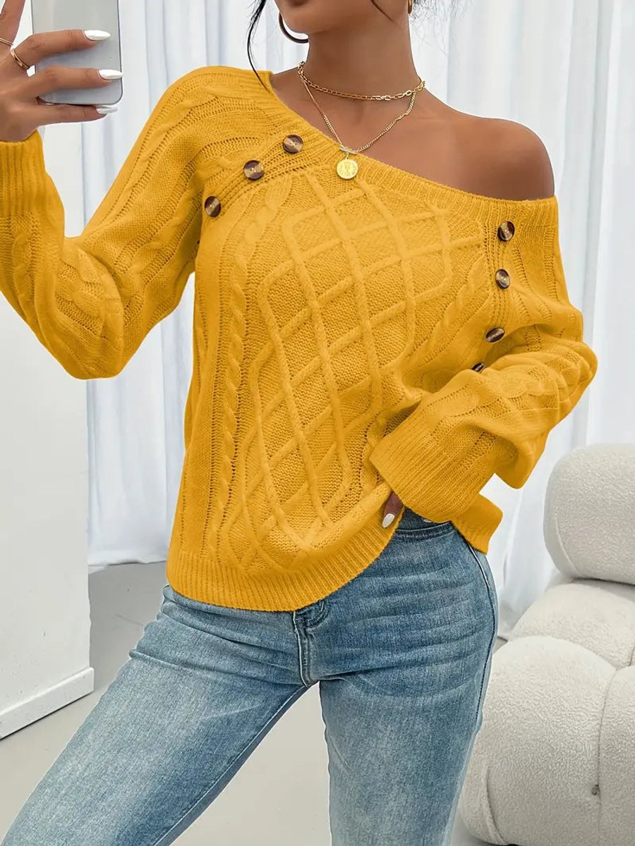 Damen Zopfmuster Knit Sweater Rundhals Raglanärmel mit Knöpfen