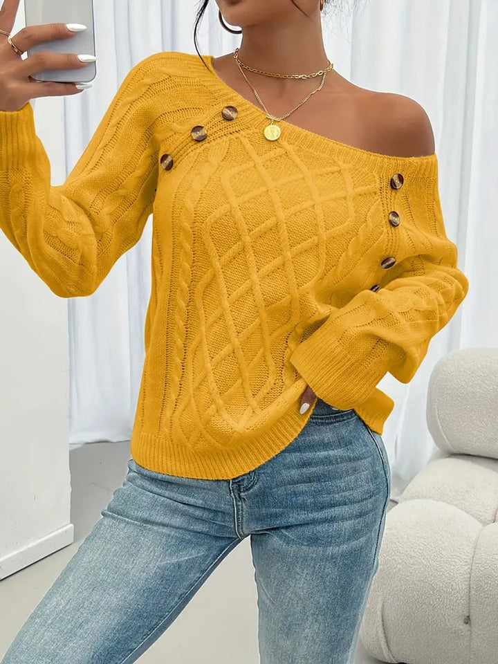 Damen Zopfmuster Knit Sweater Rundhals Raglanärmel mit Knöpfen