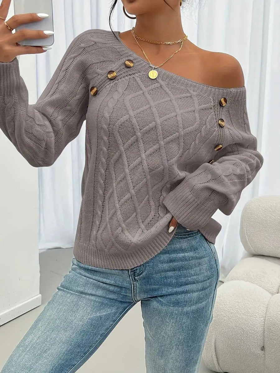 Damen Zopfmuster Knit Sweater Rundhals Raglanärmel mit Knöpfen