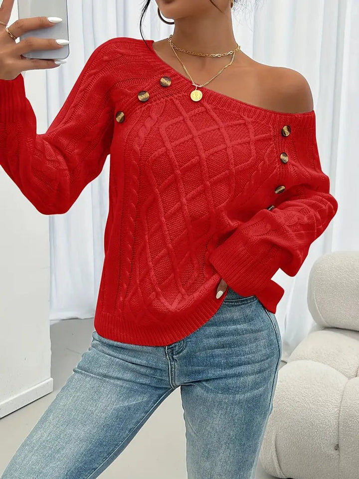 Damen Zopfmuster Knit Sweater Rundhals Raglanärmel mit Knöpfen