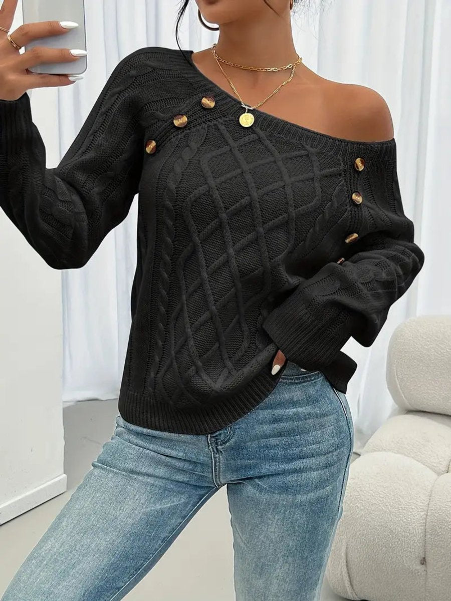 Damen Zopfmuster Knit Sweater Rundhals Raglanärmel mit Knöpfen