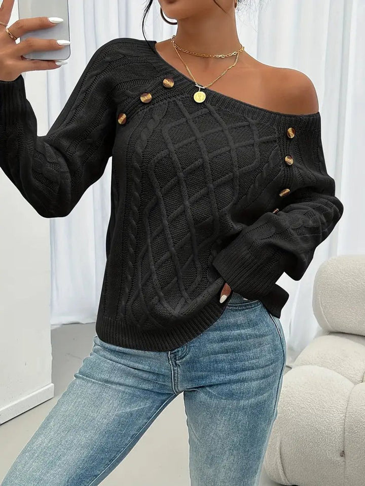 Damen Zopfmuster Knit Sweater Rundhals Raglanärmel mit Knöpfen