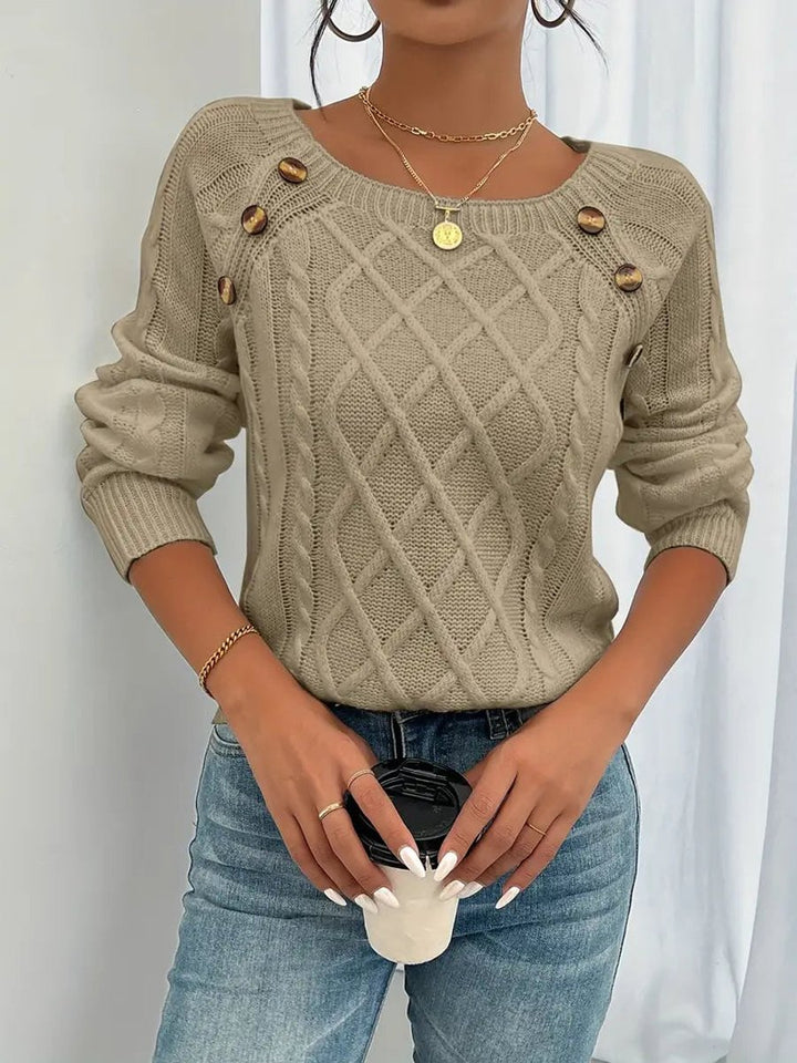 Damen Zopfmuster Knit Sweater Rundhals Raglanärmel mit Knöpfen - Khaki