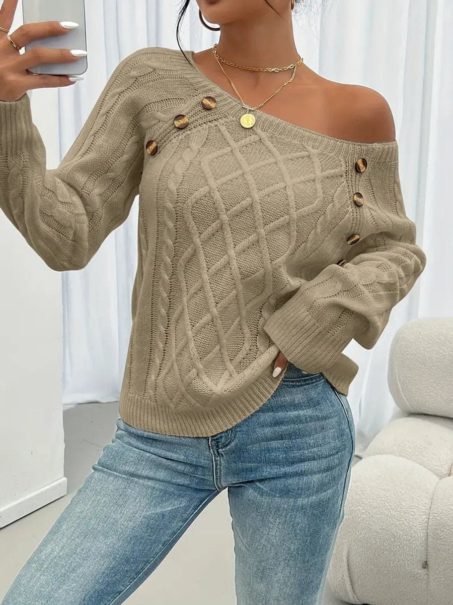 Damen Zopfmuster Knit Sweater Rundhals Raglanärmel mit Knöpfen