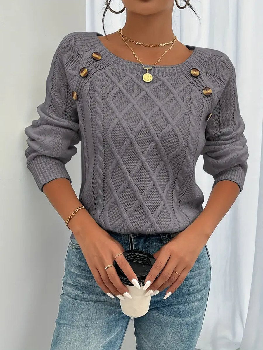 Damen Zopfmuster Knit Sweater Rundhals Raglanärmel mit Knöpfen - Dunkelgrau