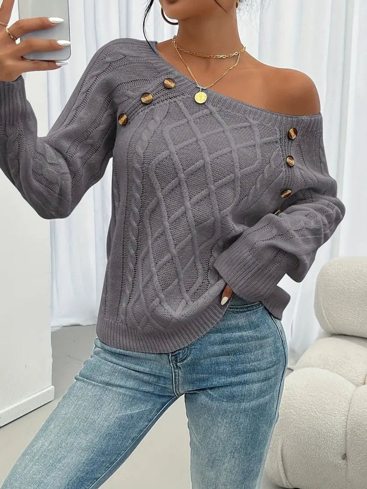 Damen Zopfmuster Knit Sweater Rundhals Raglanärmel mit Knöpfen