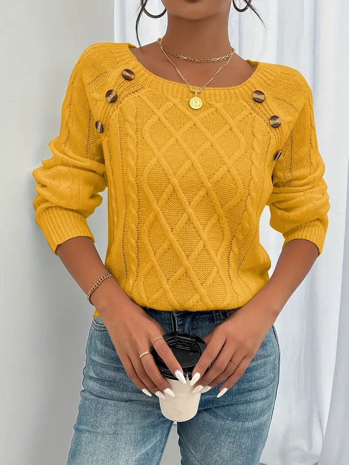 Damen Zopfmuster Knit Sweater Rundhals Raglanärmel mit Knöpfen - Golden