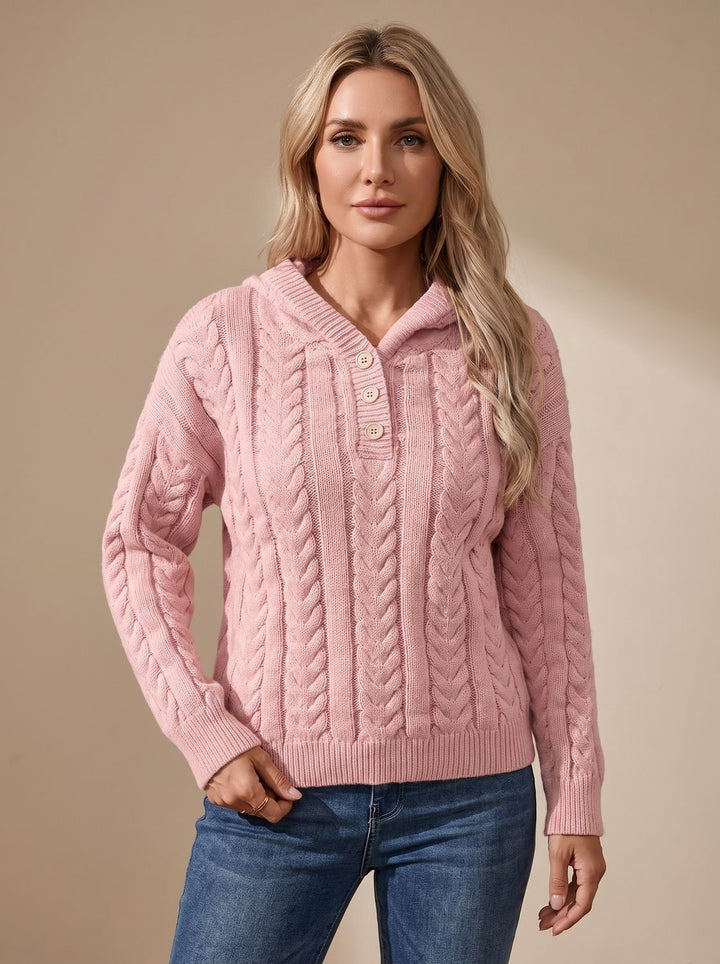 Damen Zopfmuster-Pullover mit Kapuze Henley-Knopfleiste Oversized - Rosa