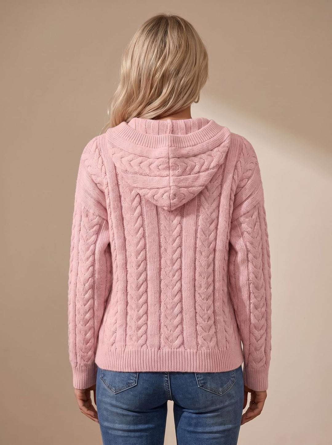 Damen Zopfmuster-Pullover mit Kapuze Henley-Knopfleiste Oversized