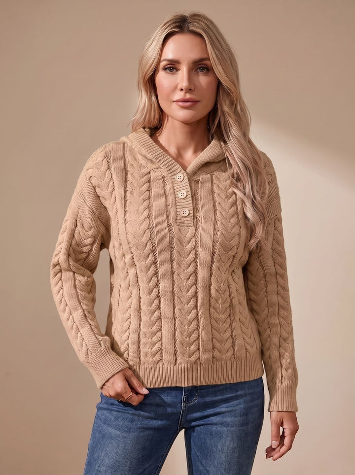 Damen Zopfmuster-Pullover mit Kapuze Henley-Knopfleiste Oversized - Braun