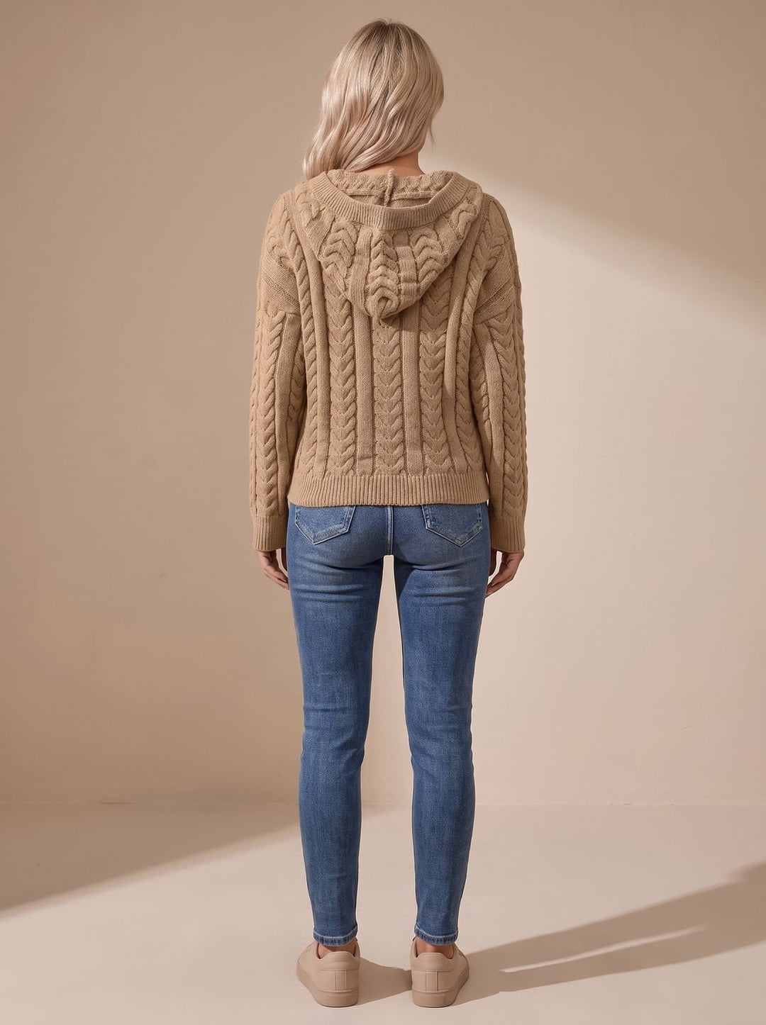 Damen Zopfmuster-Pullover mit Kapuze Henley-Knopfleiste Oversized