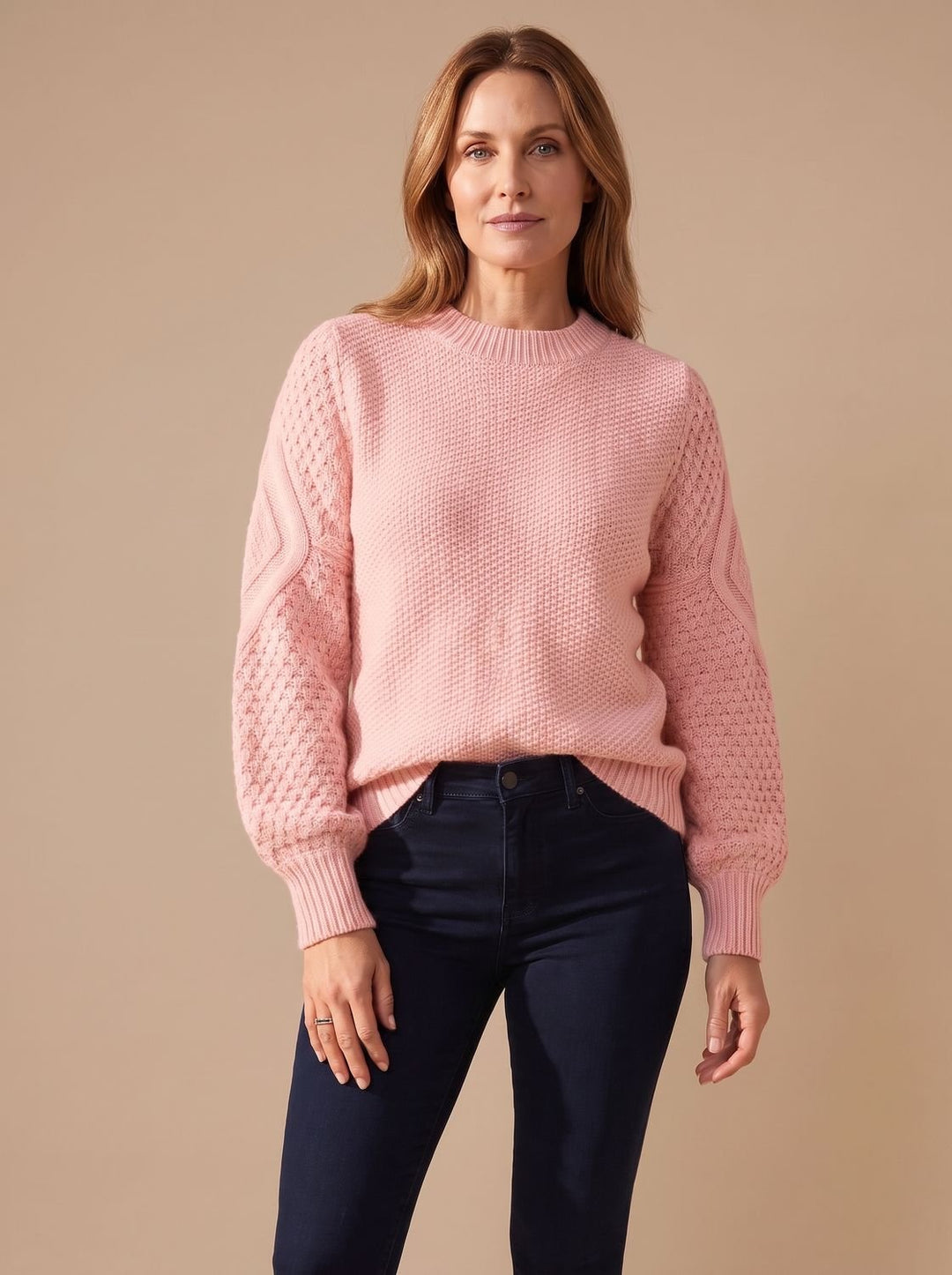 Damen Zopfmuster-Pullover mit Laternärmeln Relaxed-Fit Strickpullover - Rosa
