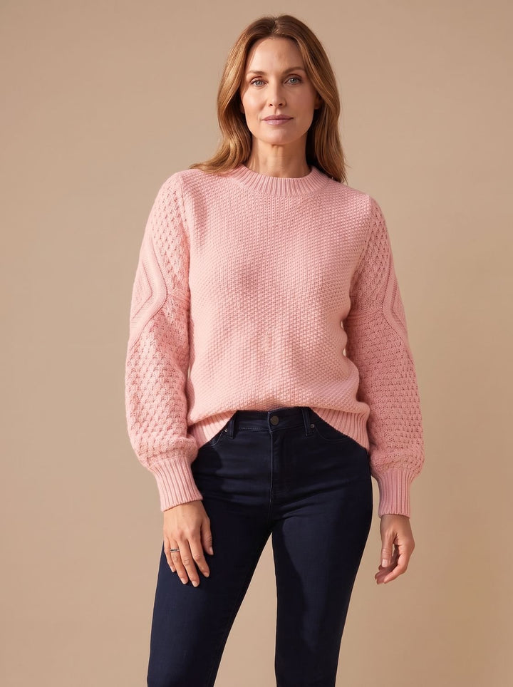 Damen Zopfmuster-Pullover mit Laternärmeln Relaxed-Fit Strickpullover - Rosa