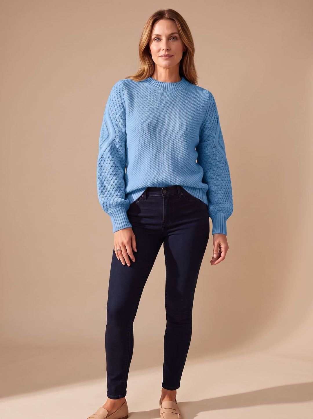 Damen Zopfmuster-Pullover mit Laternärmeln Relaxed-Fit Strickpullover