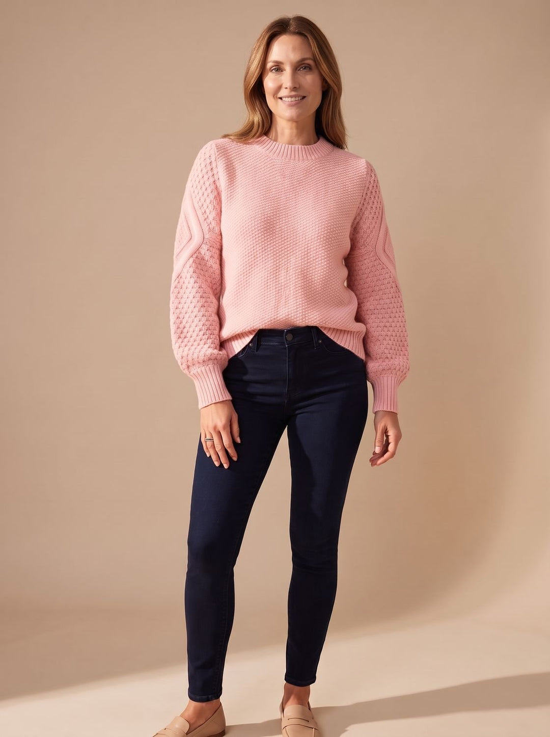 Damen Zopfmuster-Pullover mit Laternärmeln Relaxed-Fit Strickpullover