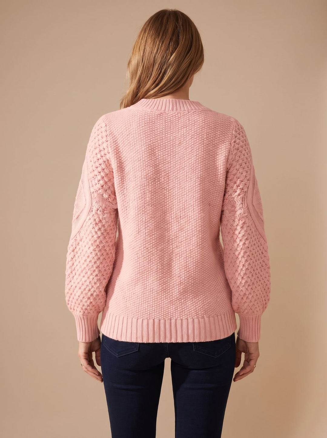 Damen Zopfmuster-Pullover mit Laternärmeln Relaxed-Fit Strickpullover