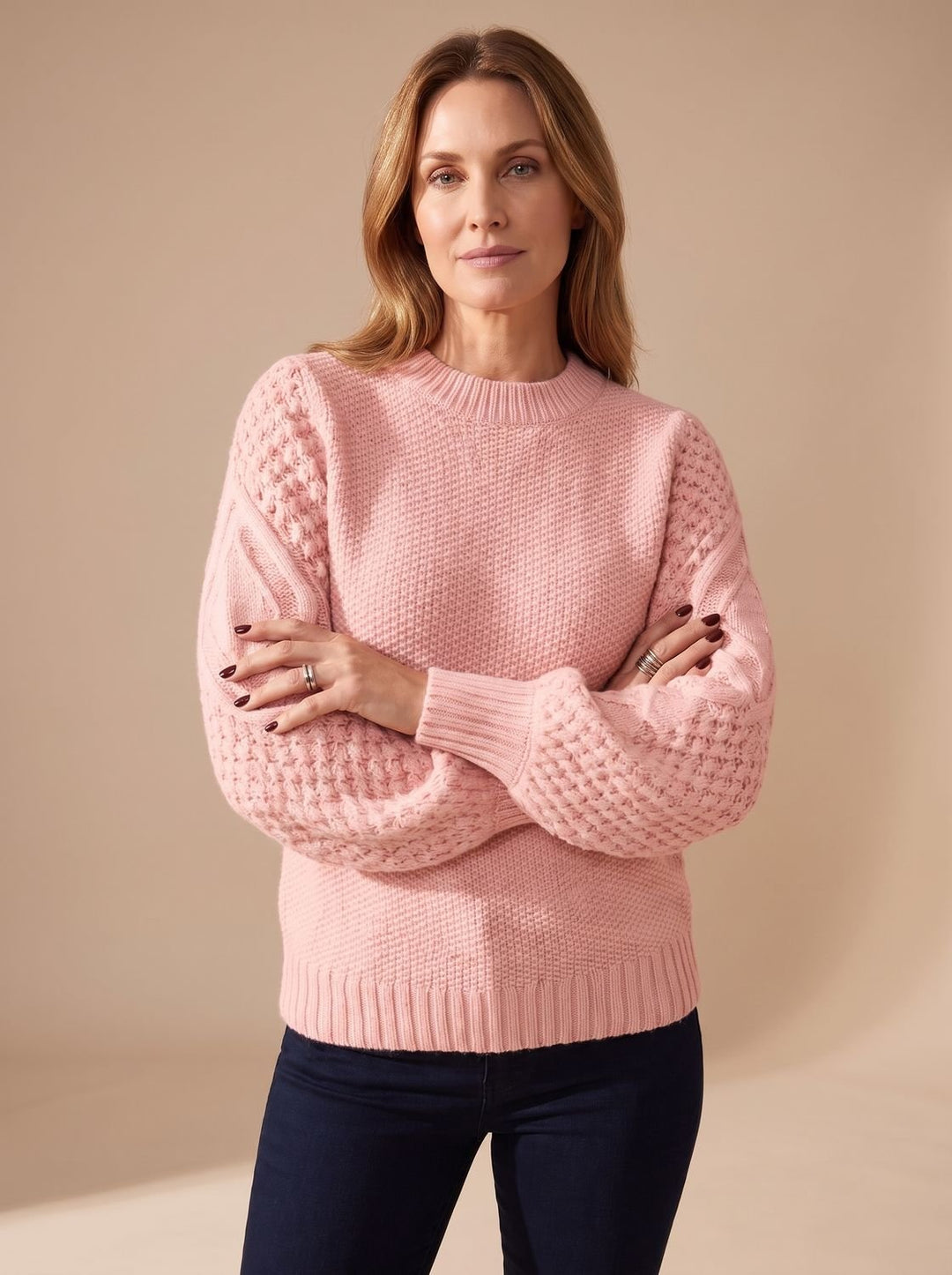 Damen Zopfmuster-Pullover mit Laternärmeln Relaxed-Fit Strickpullover