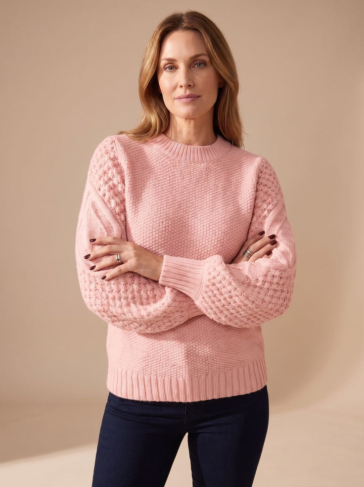 Damen Zopfmuster-Pullover mit Laternärmeln Relaxed-Fit Strickpullover