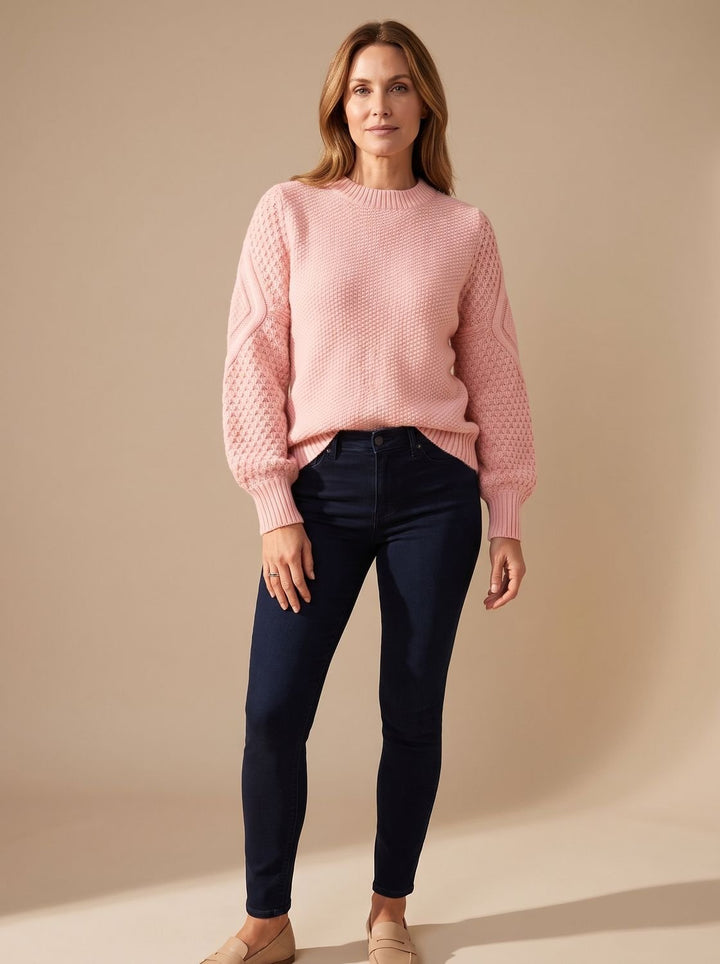Damen Zopfmuster-Pullover mit Laternärmeln Relaxed-Fit Strickpullover