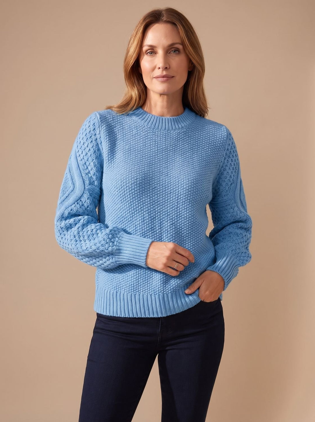 Damen Zopfmuster-Pullover mit Laternärmeln Relaxed-Fit Strickpullover - Himmelblau