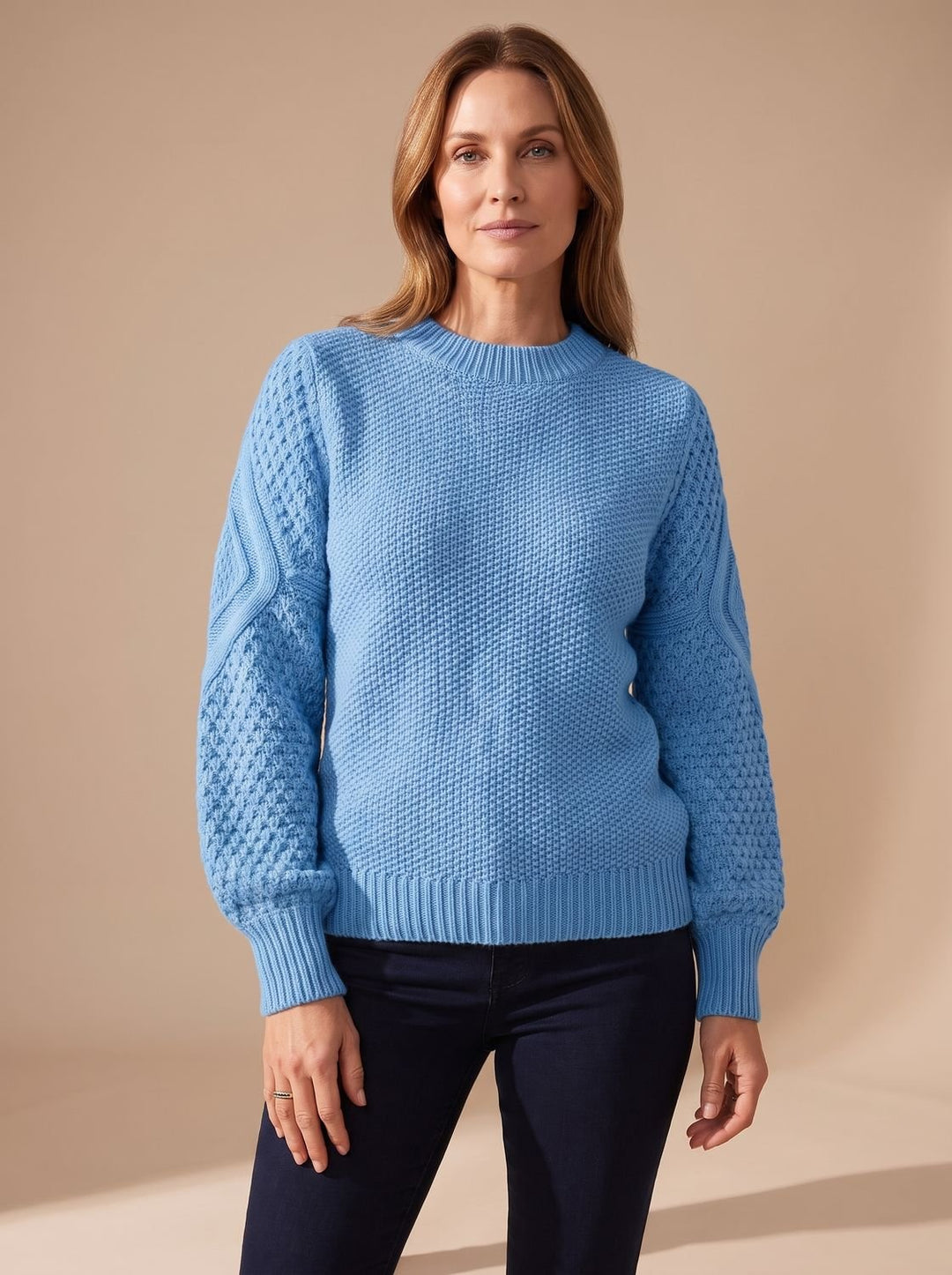 Damen Zopfmuster-Pullover mit Laternärmeln Relaxed-Fit Strickpullover
