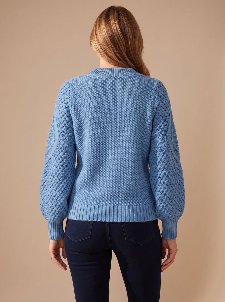 Damen Zopfmuster-Pullover mit Laternärmeln Relaxed-Fit Strickpullover