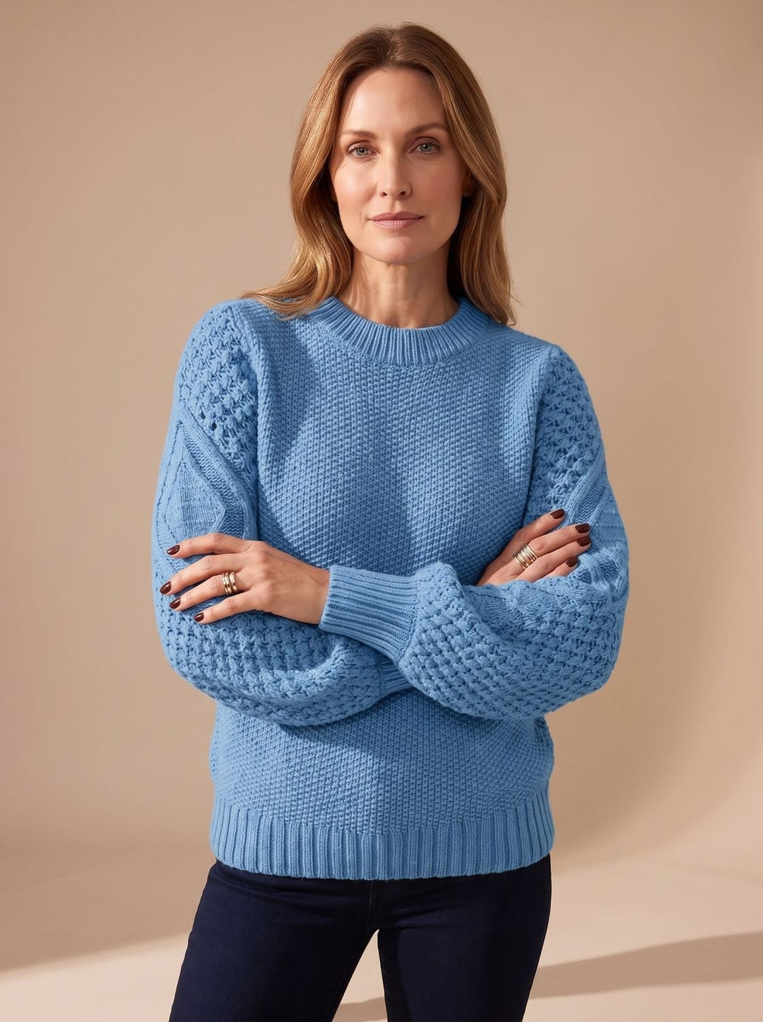Damen Zopfmuster-Pullover mit Laternärmeln Relaxed-Fit Strickpullover