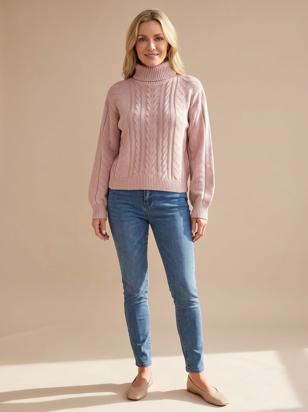 Damen Zopfmuster-Pullover mit Rollkragen Ballonärmeln