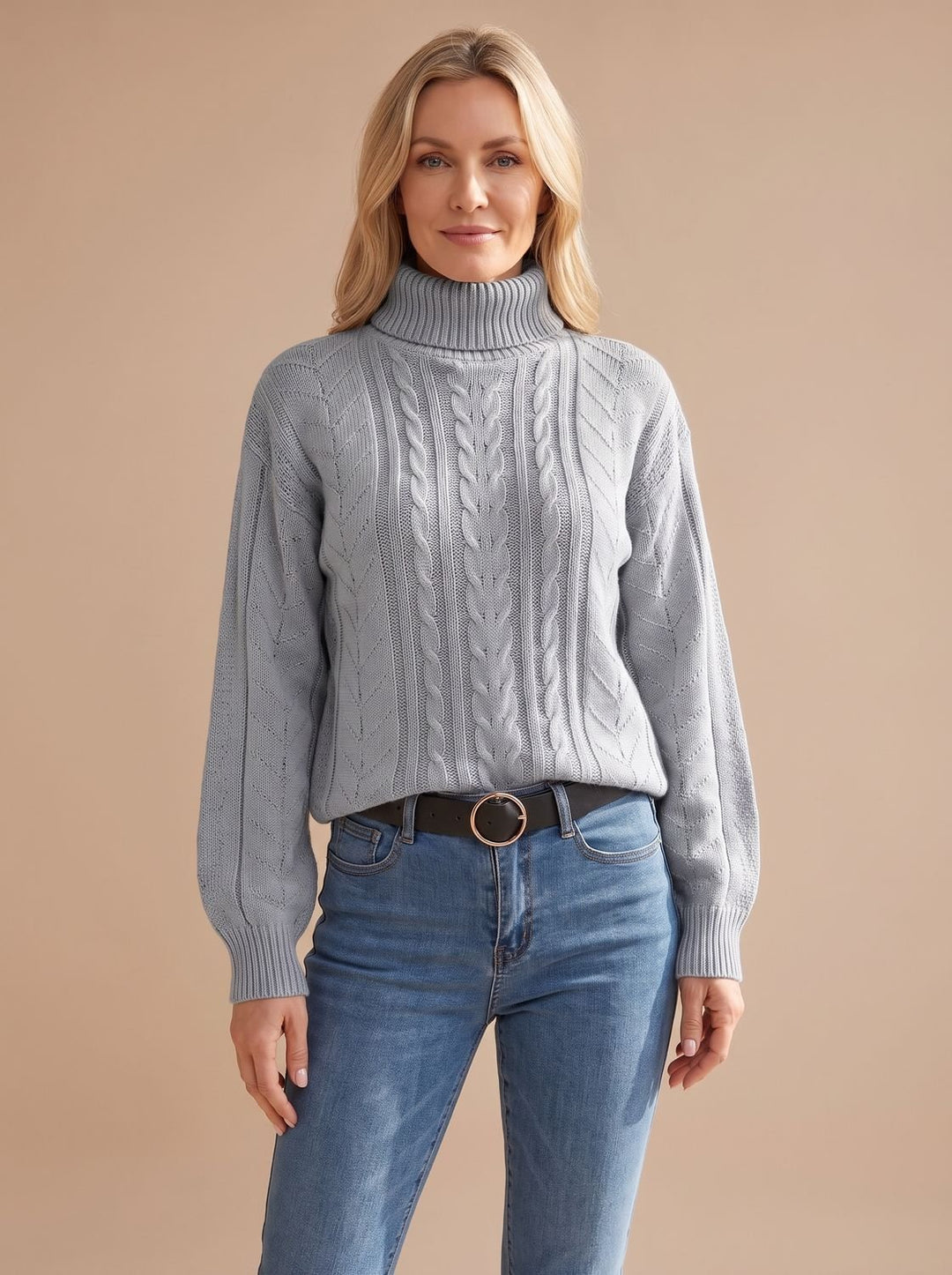 Damen Zopfmuster-Pullover mit Rollkragen Ballonärmeln