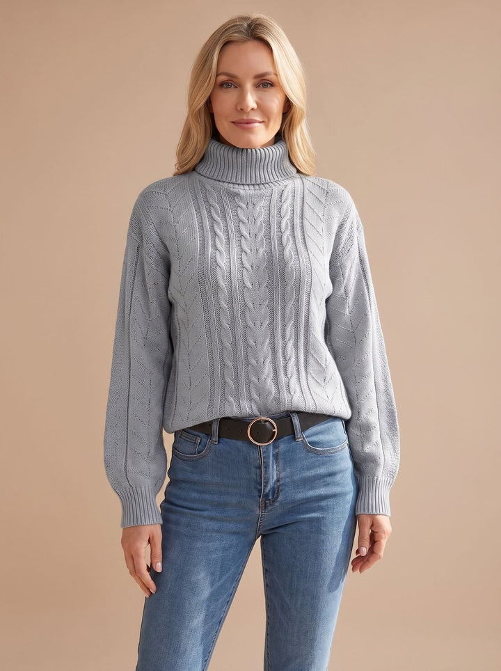 Damen Zopfmuster-Pullover mit Rollkragen Ballonärmeln